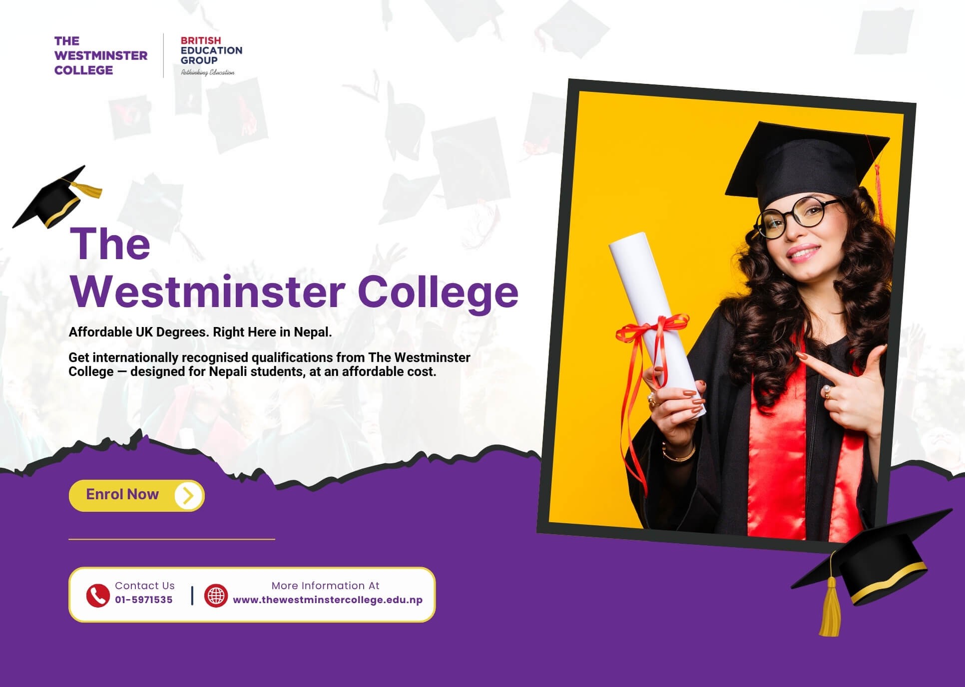 A joyful graduate in cap and gown holds a diploma against a yellow background. Text promotes Westminster College's UK degrees in Nepal. Contact info included.